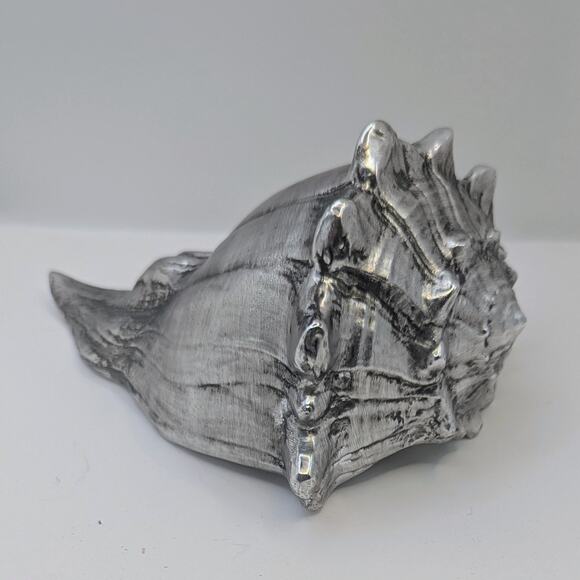Silver Tone Knobbed Ceramic Whelk Sea Shell Display Decor 7" Sea Ocean Nautical - Picture 2 of 3